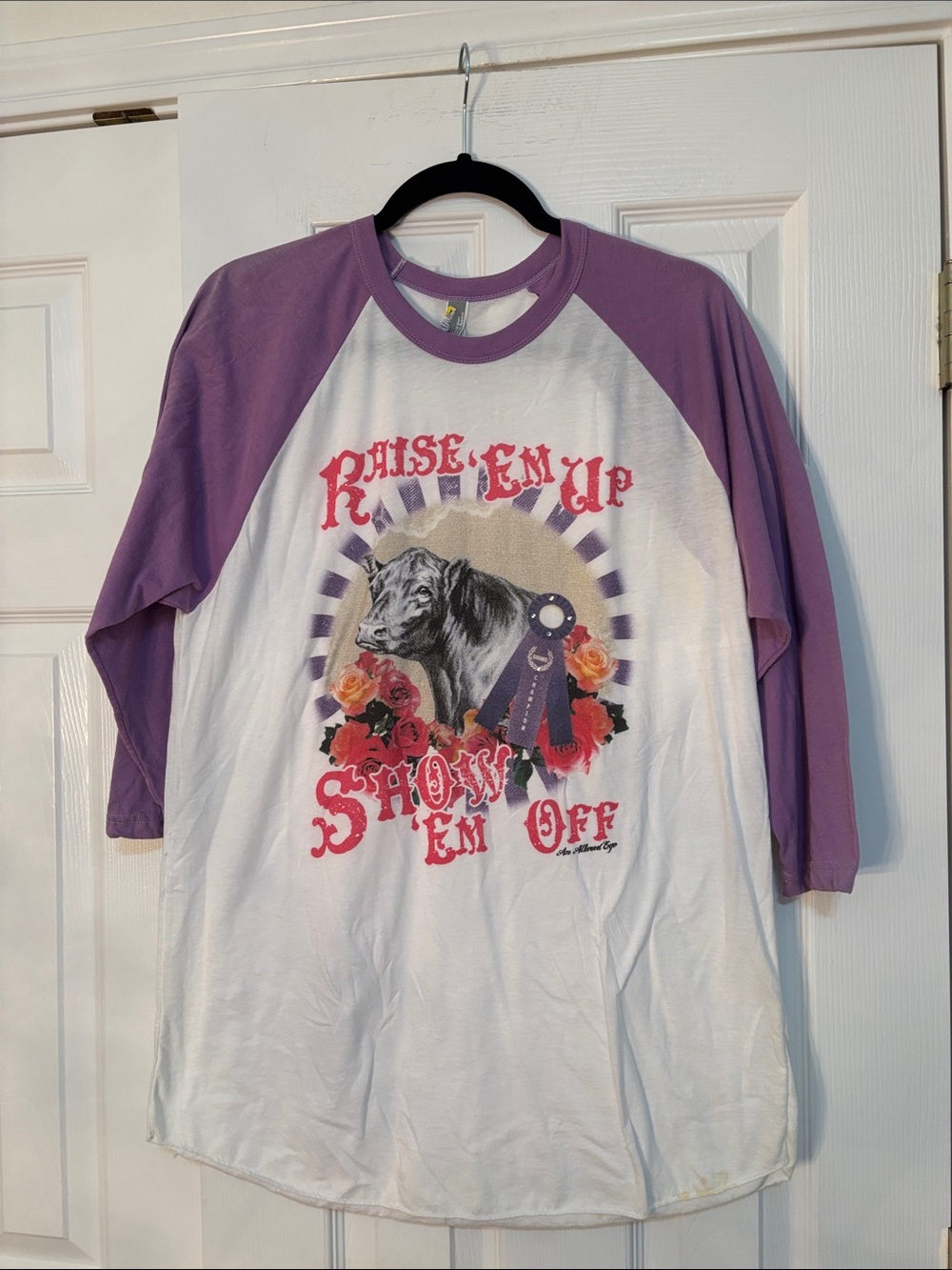 American Apparel White & Purple Raglan Graphic Tee - Show Ribbon Cow